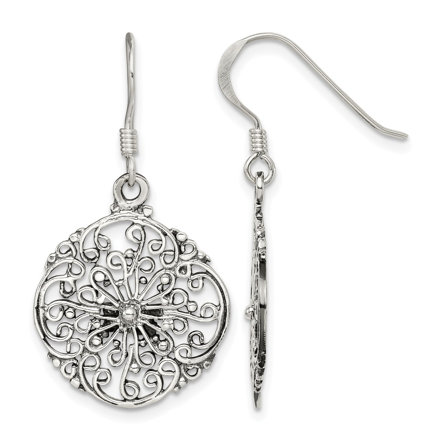 Sterling Silver Polished & Antiqued Filigree Circle Dangle Earrings