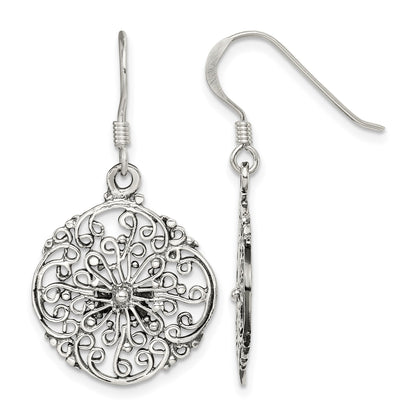 Sterling Silver Polished & Antiqued Filigree Circle Dangle Earrings