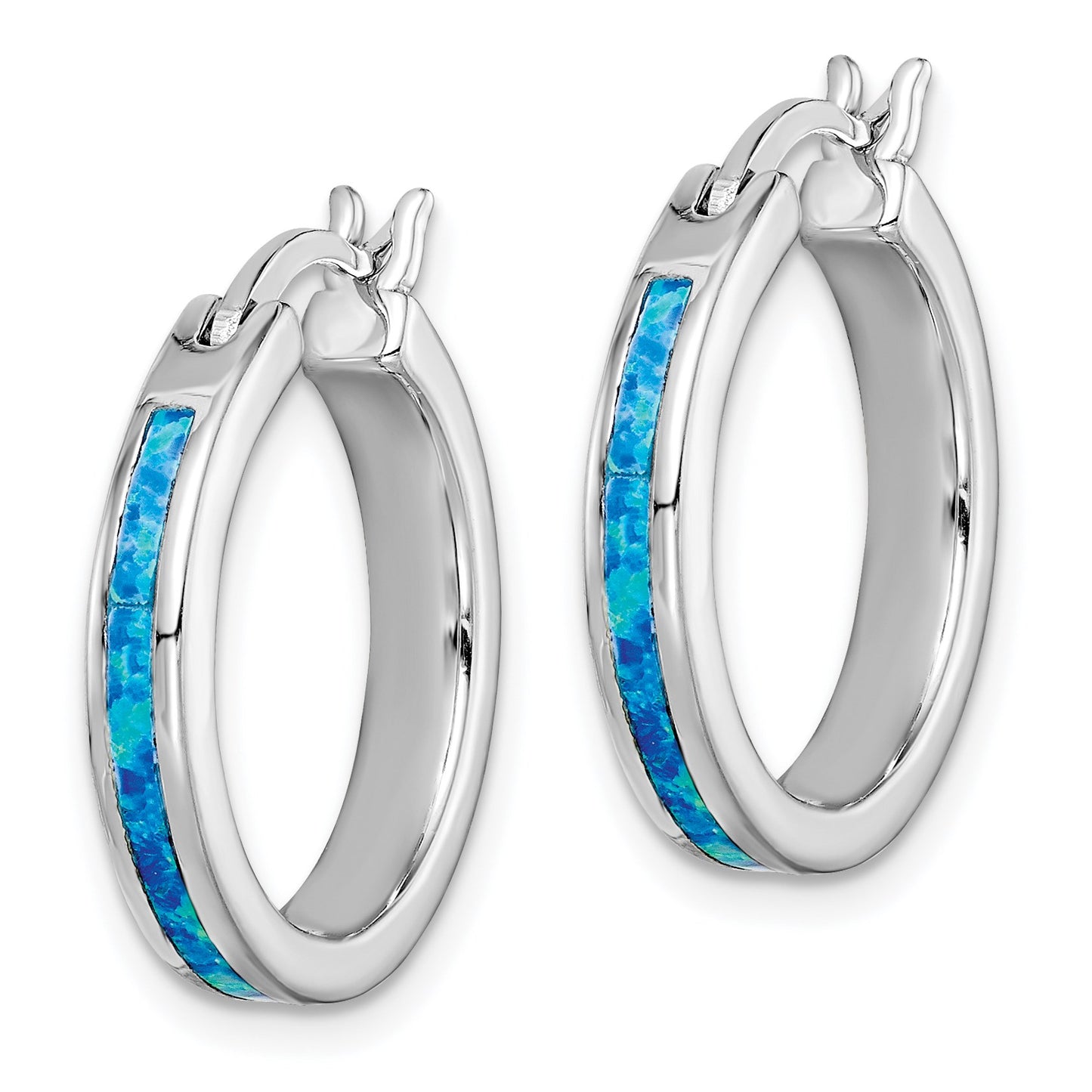 Sterling Silver Rhodium-plated Created Blue Opal Inlay Round Hoop Earrings