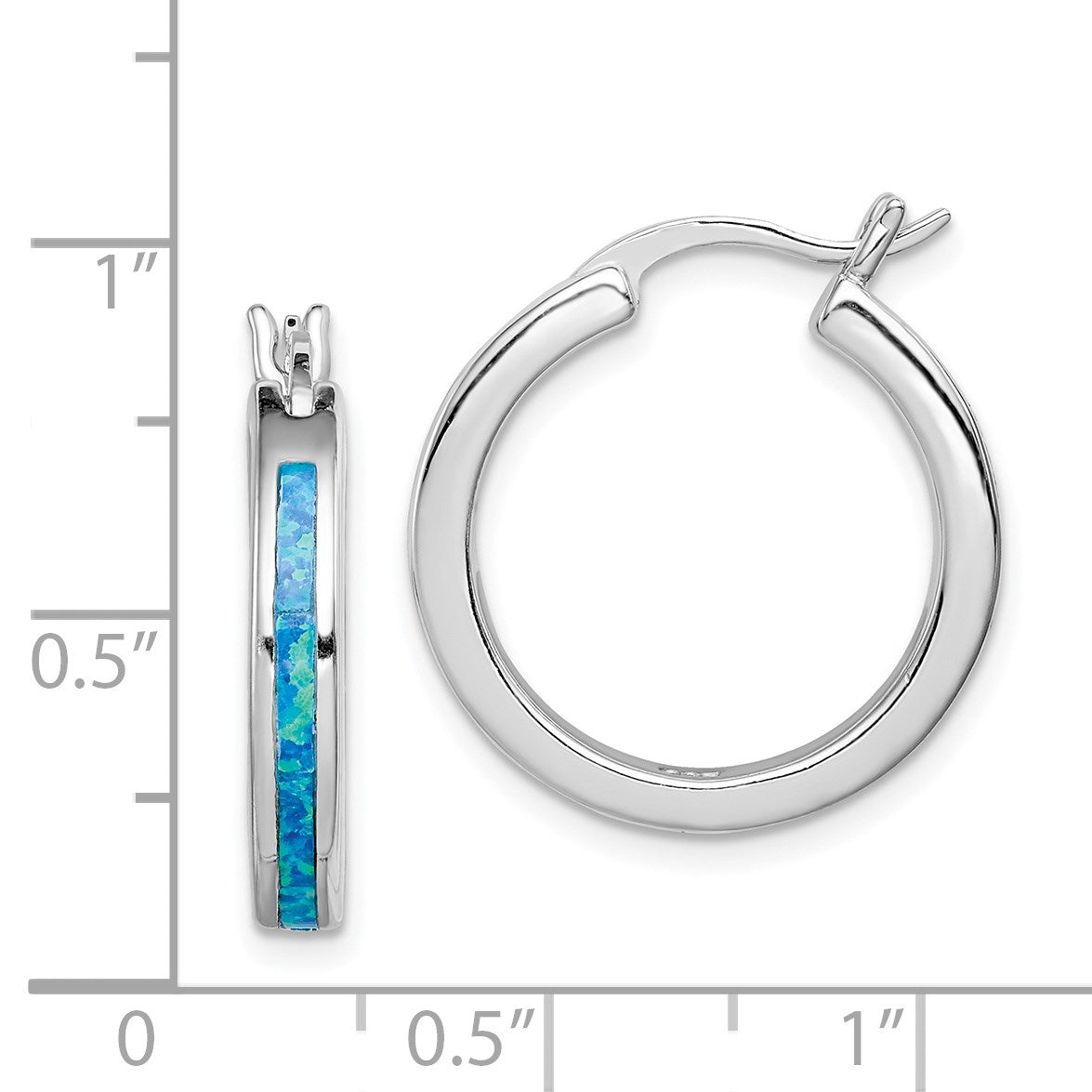 Sterling Silver Rhodium-plated Created Blue Opal Inlay Round Hoop Earrings