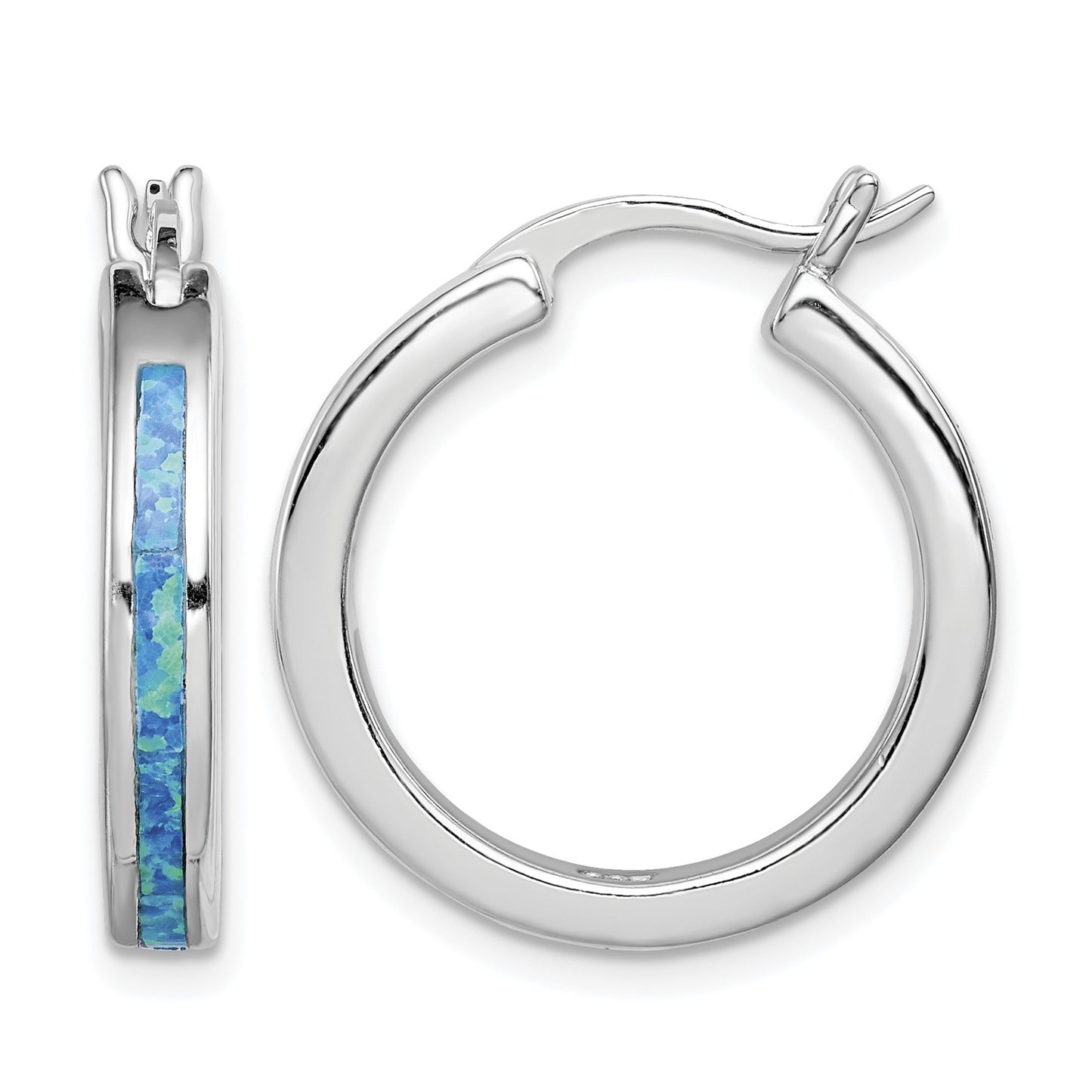 Sterling Silver Rhodium-plated Created Blue Opal Inlay Round Hoop Earrings