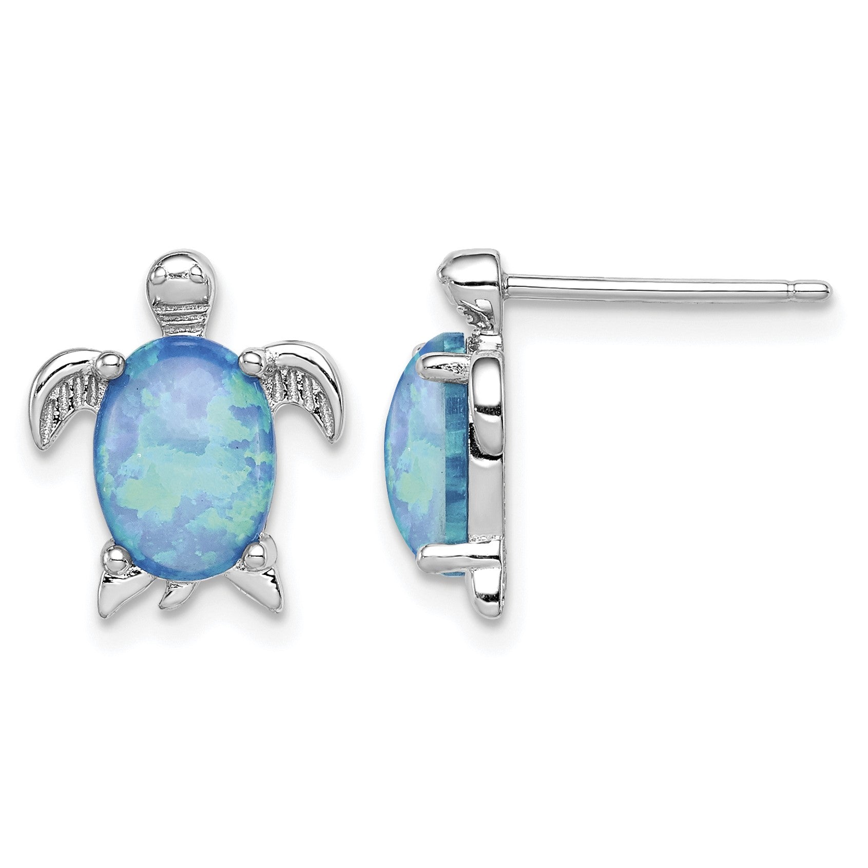 Sterling Silver Rhodium-plated Created Opal Polished Turtle Post Earrings