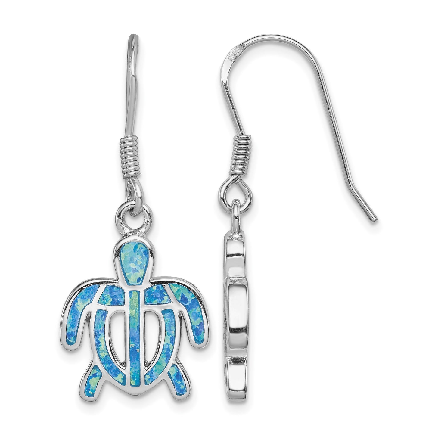 Sterling Silver Rhodium-plated Created Blue Opal Inlay Tortoise Dangle Earrings