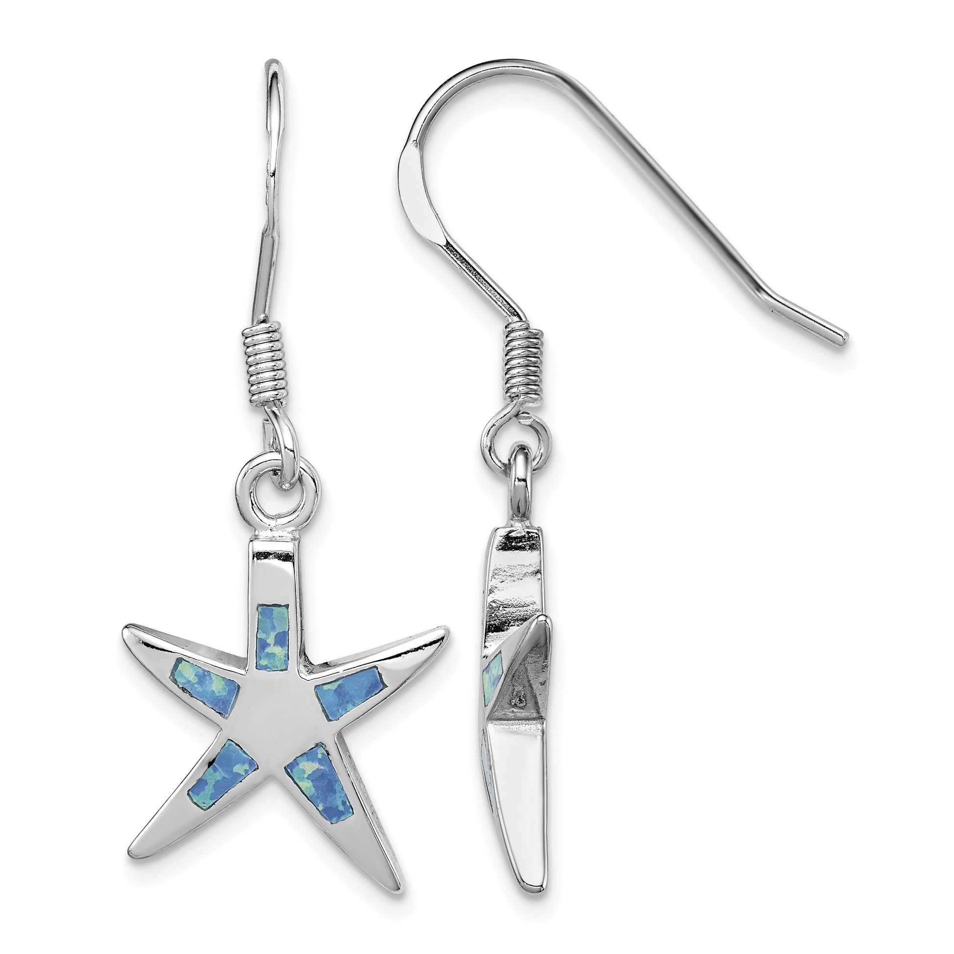 Sterling Silver Rhodium-plated Polished Created Blue Opal Inlay Starfish Dangle Earrings