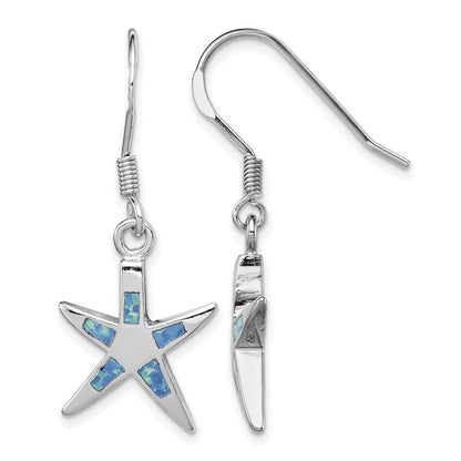 Sterling Silver Rhodium-plated Polished Created Blue Opal Inlay Starfish Dangle Earrings