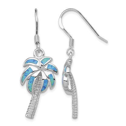 Sterling Silver Rhodium-plated Created Blue Opal Inlay Palm Tree Dangle Earrings