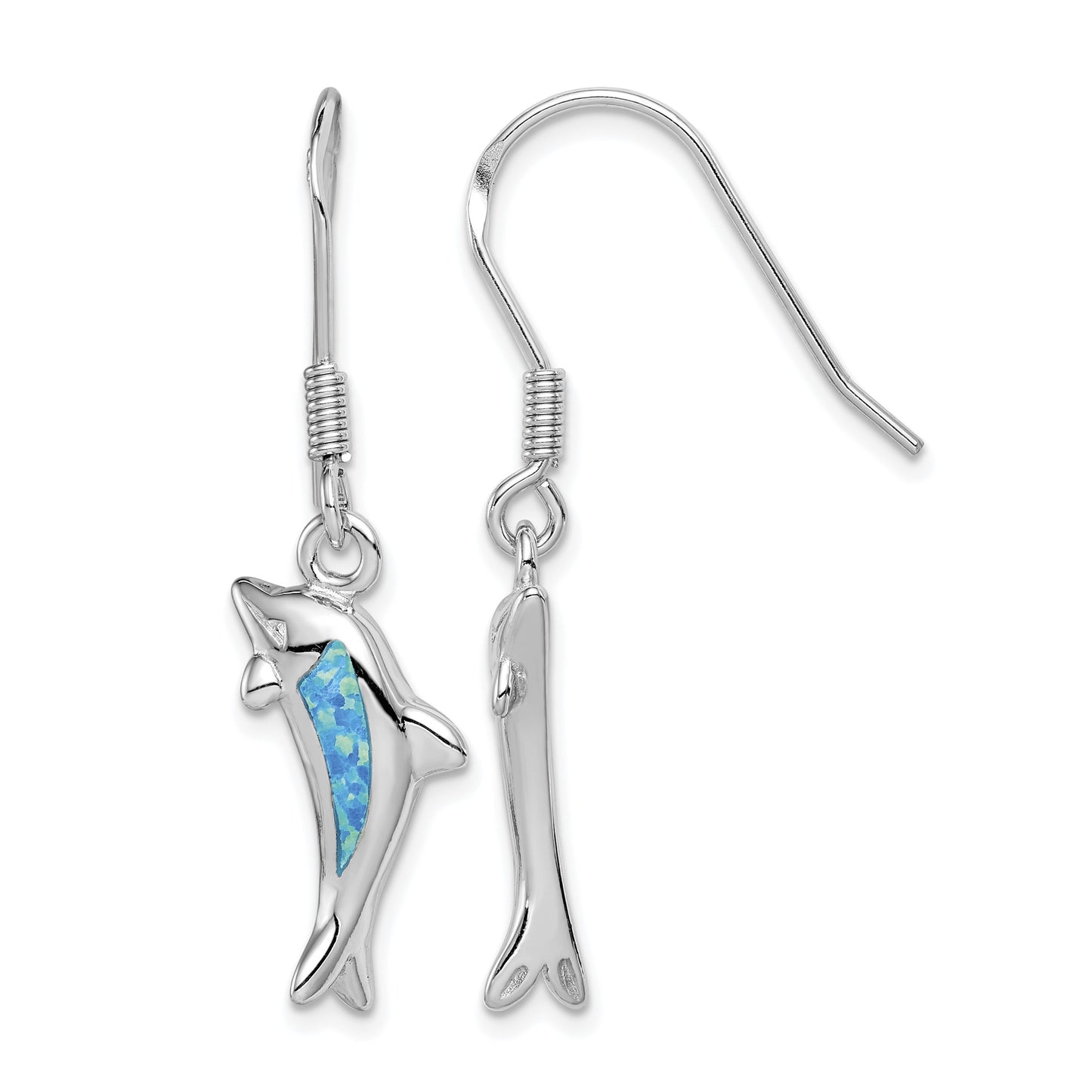 Sterling Silver Rhodium-plated Polished Created Blue Opal Inlay Dolphin Dangle Earrings