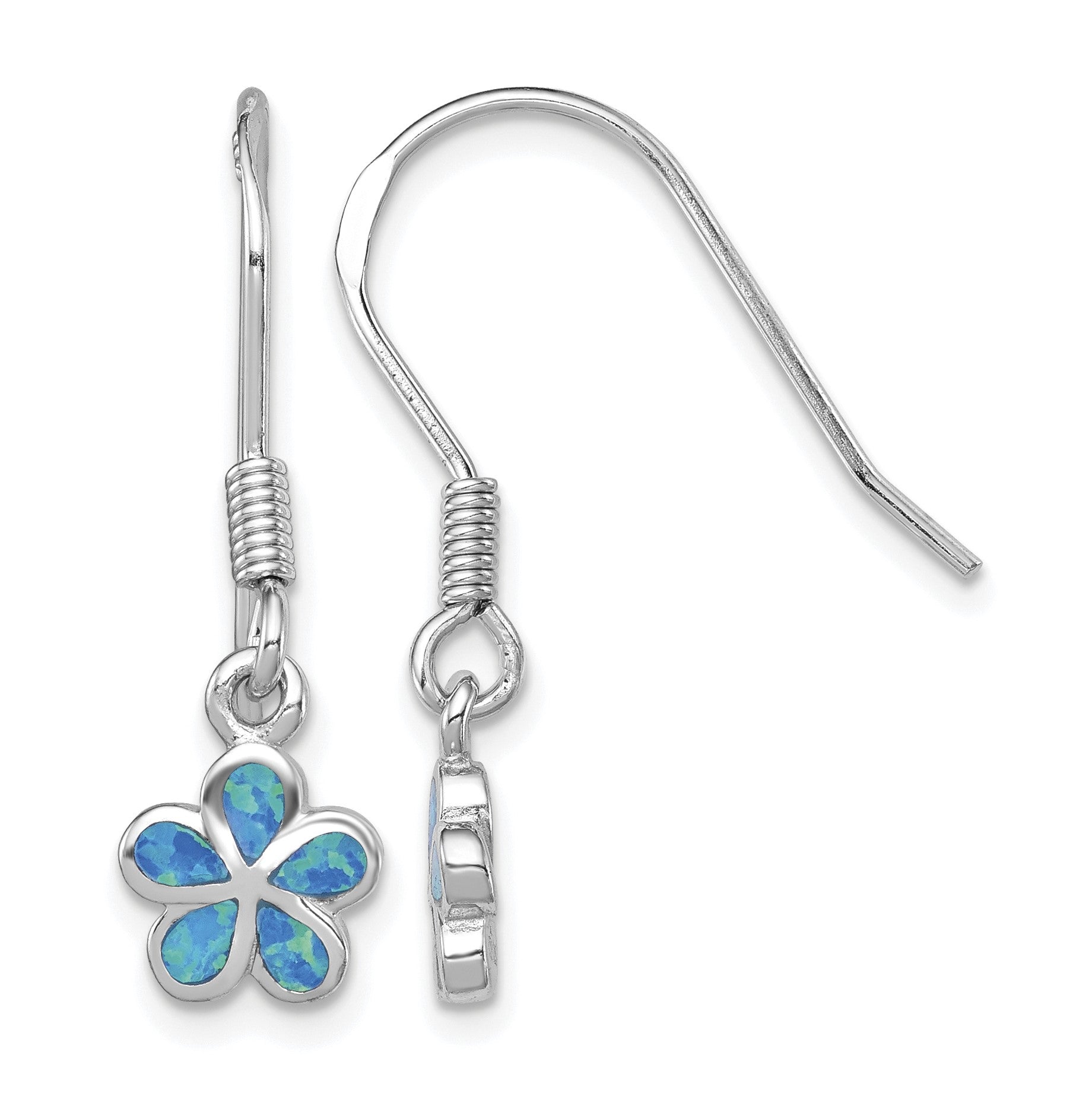 Sterling Silver Rhod-pltd Created Blue Opal Inlay Flower Dangle Earrings
