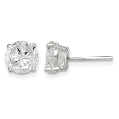 Sterling Silver 7mm Round Basket Set Cross-cut CZ Stud Earrings