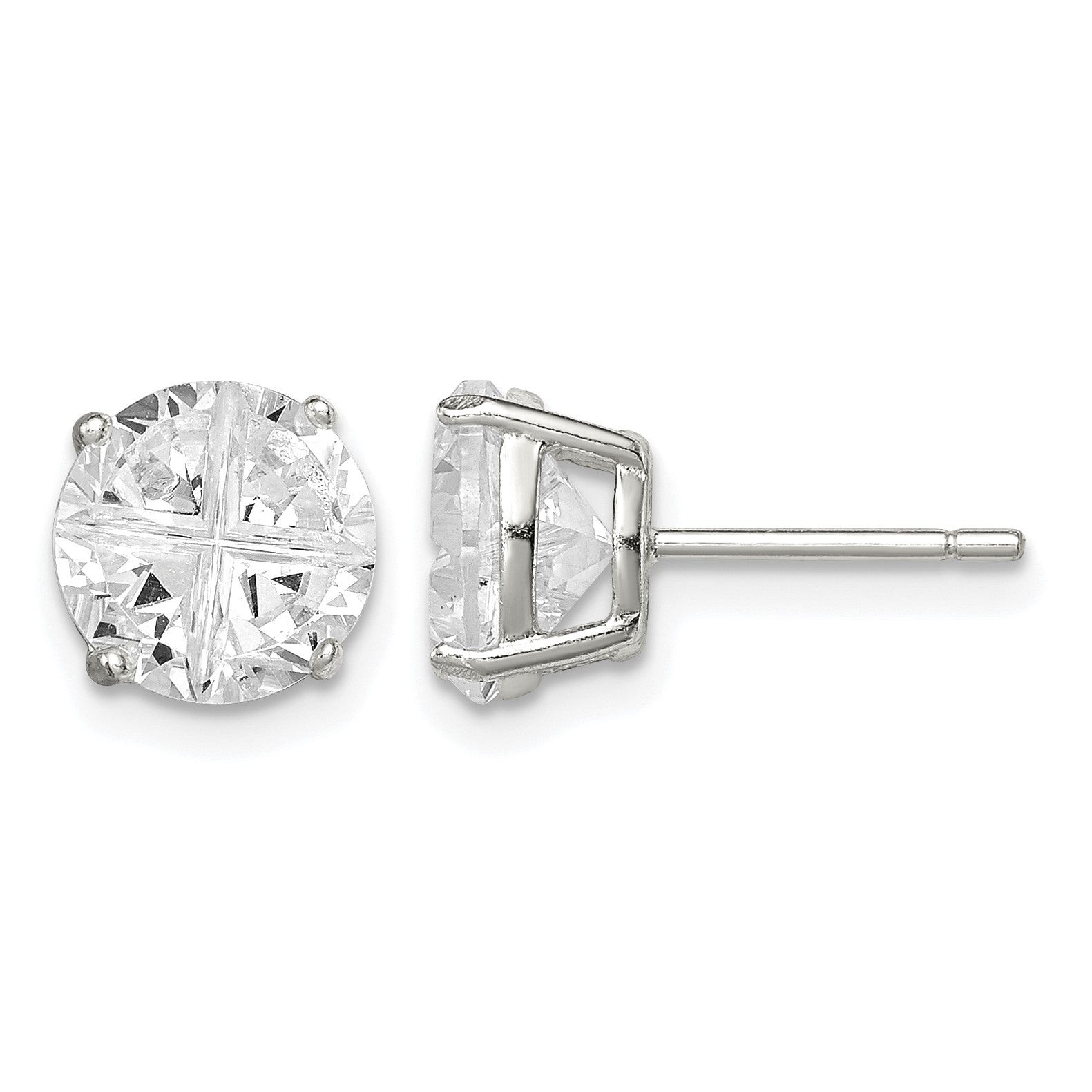 Sterling Silver 8mm Round Basket Set Cross-cut CZ Stud Earrings