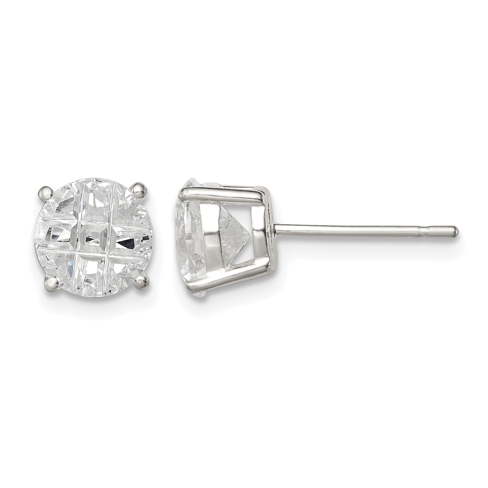 Sterling Silver 7mm Round Basket Set Laser-cut CZ Stud Earrings