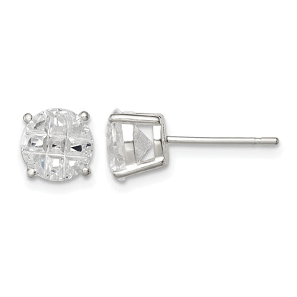 Sterling Silver 7mm Round Basket Set Laser-cut CZ Stud Earrings