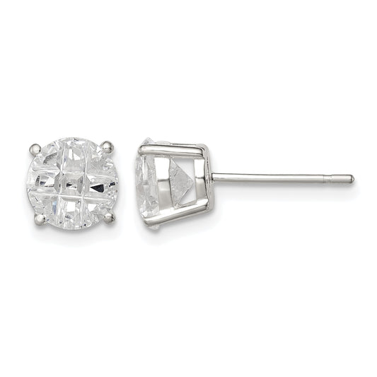Sterling Silver 7mm Round Basket Set Laser-cut CZ Stud Earrings