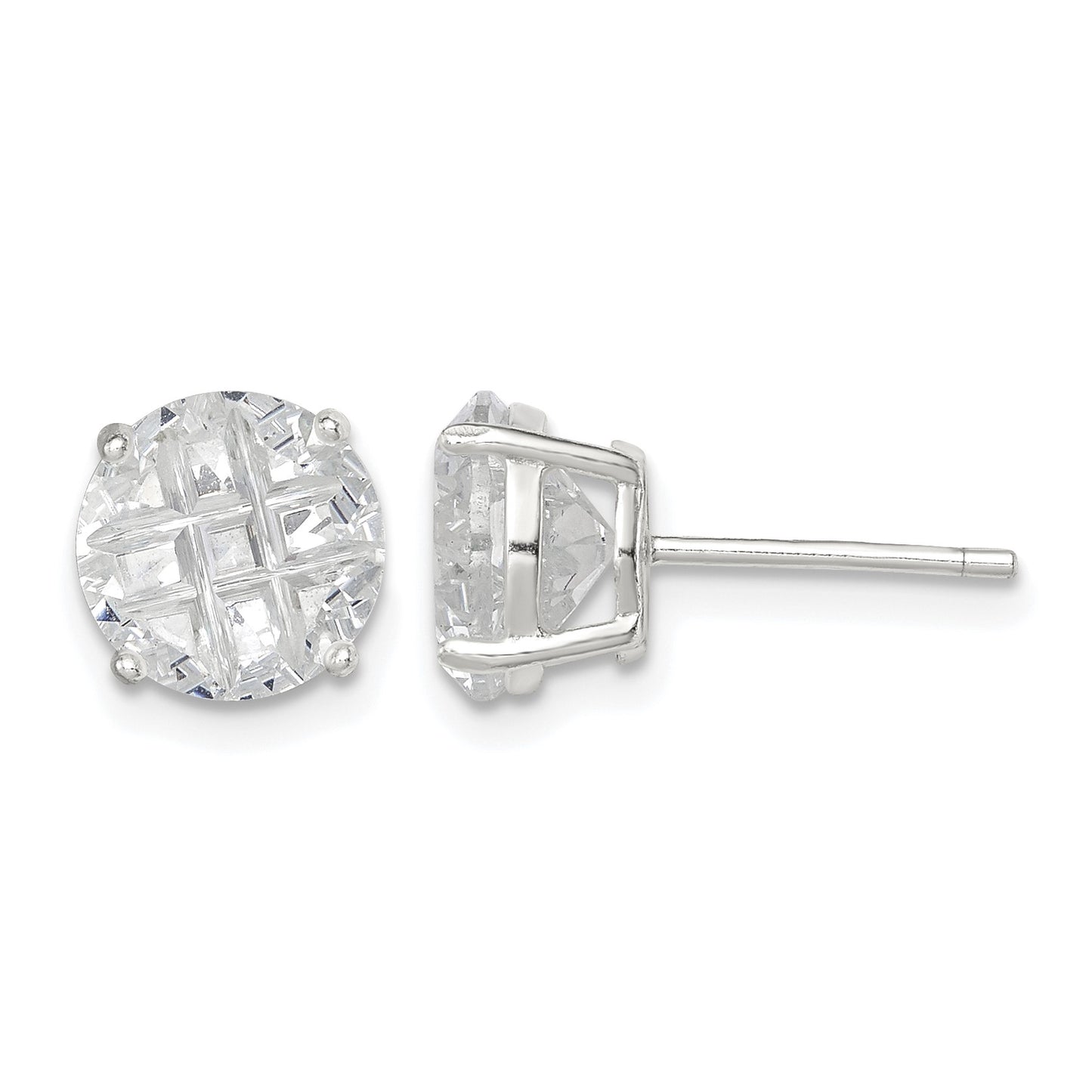 Sterling Silver 8mm Round Basket Set Laser-cut CZ Stud Earrings