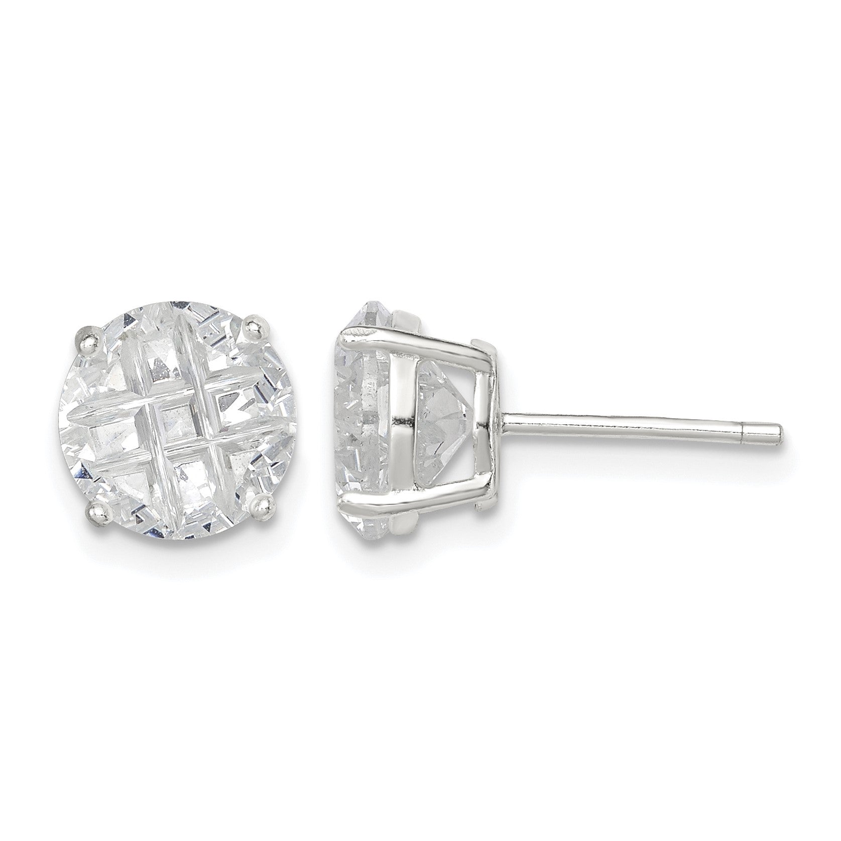 Sterling Silver 8mm Round Basket Set Laser-cut CZ Stud Earrings