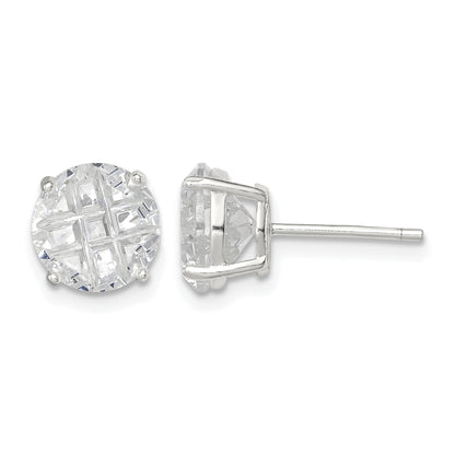 Sterling Silver 8mm Round Basket Set Laser-cut CZ Stud Earrings