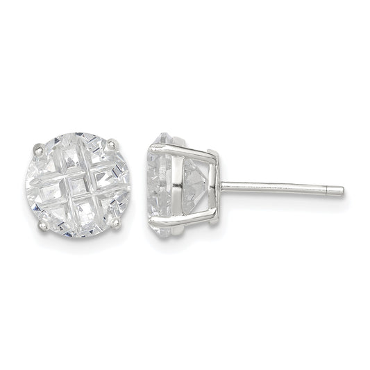 Sterling Silver 8mm Round Basket Set Laser-cut CZ Stud Earrings