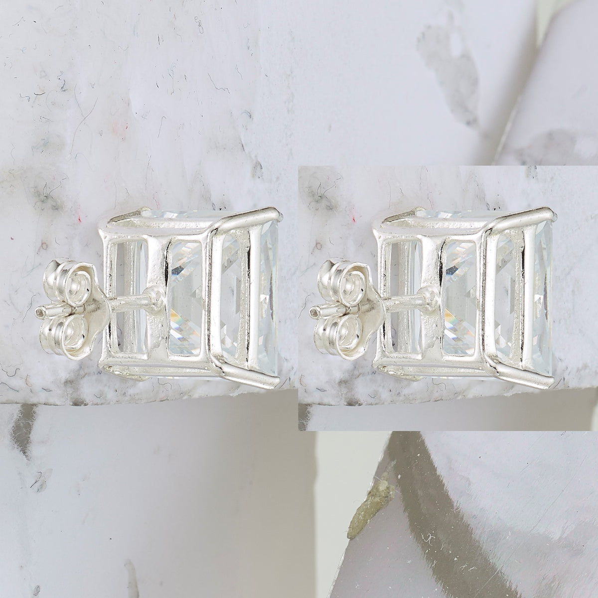 Sterling Silver 9mm Square CZ Basket Set Stud Earrings