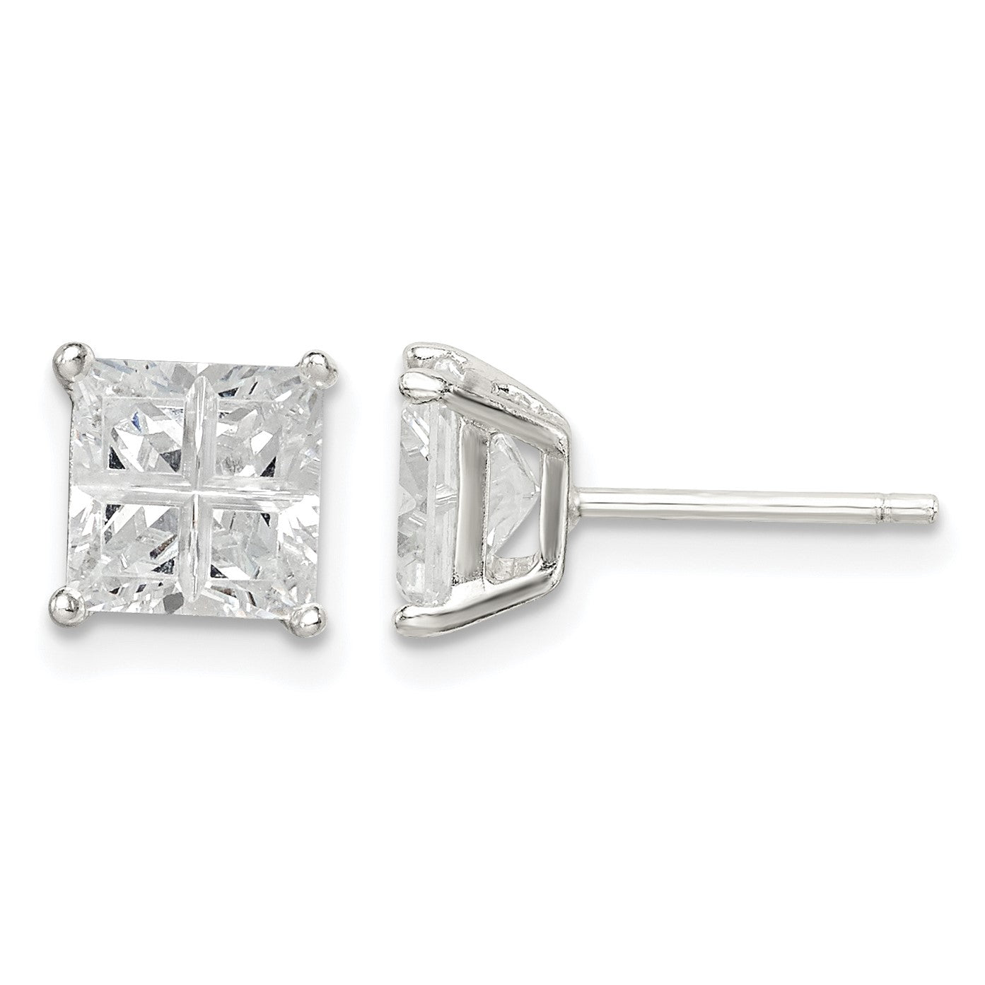 Sterling Silver 6mm Square Cross-cut CZ Basket Set Stud Earrings