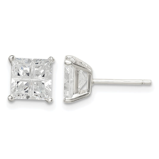Sterling Silver 6mm Square Cross-cut CZ Basket Set Stud Earrings