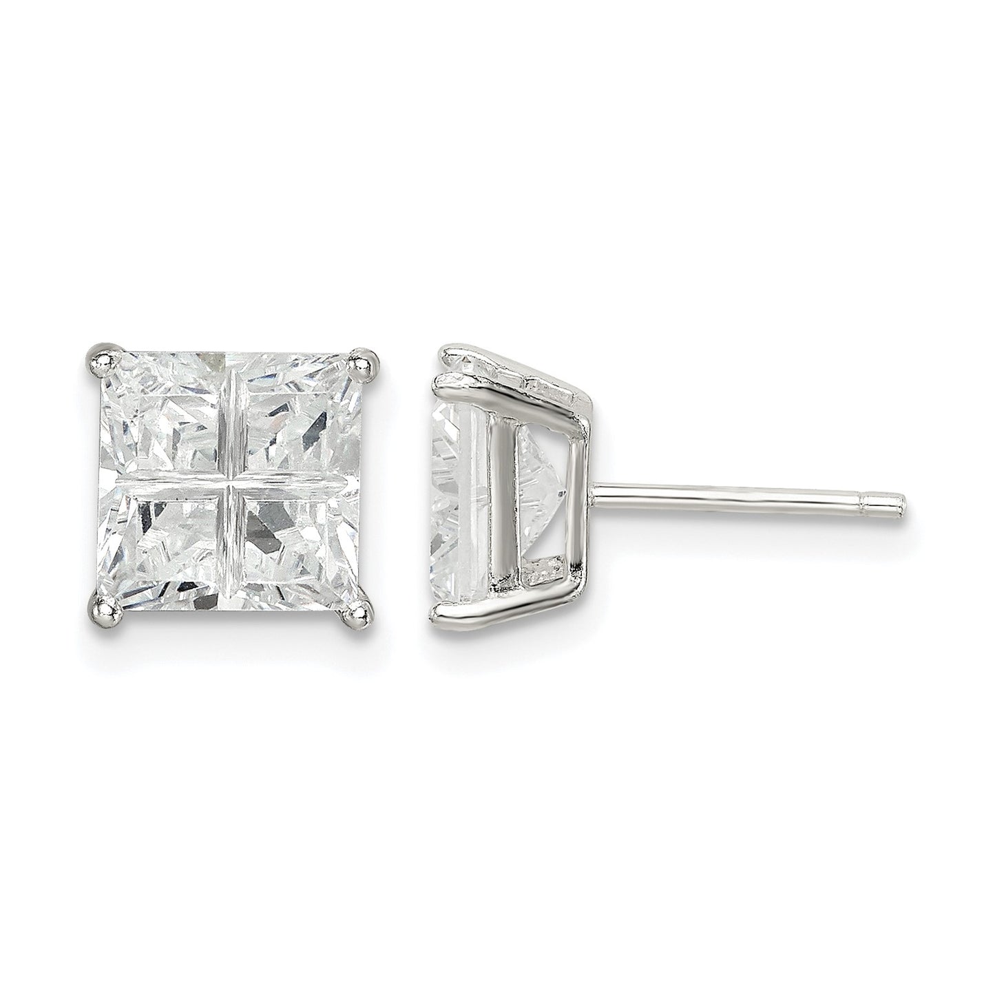 Sterling Silver 7mm Square Cross-cut CZ Basket Set Stud Earrings