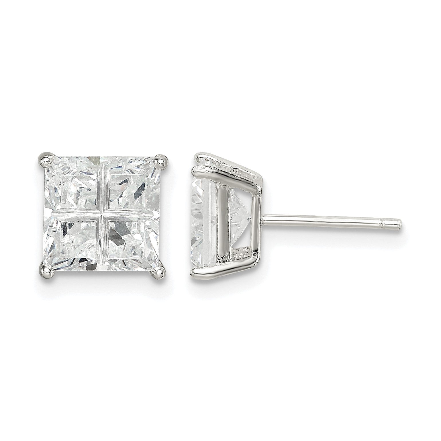 Sterling Silver 7mm Square Cross-cut CZ Basket Set Stud Earrings