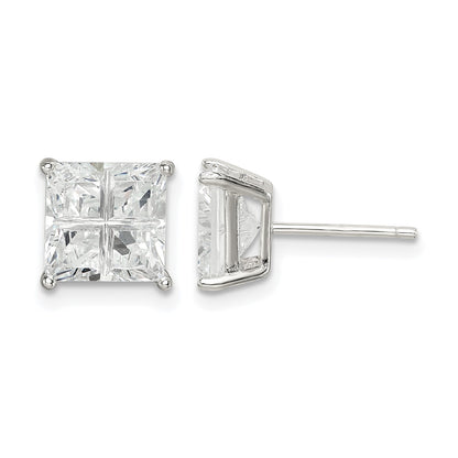 Sterling Silver 7mm Square Cross-cut CZ Basket Set Stud Earrings