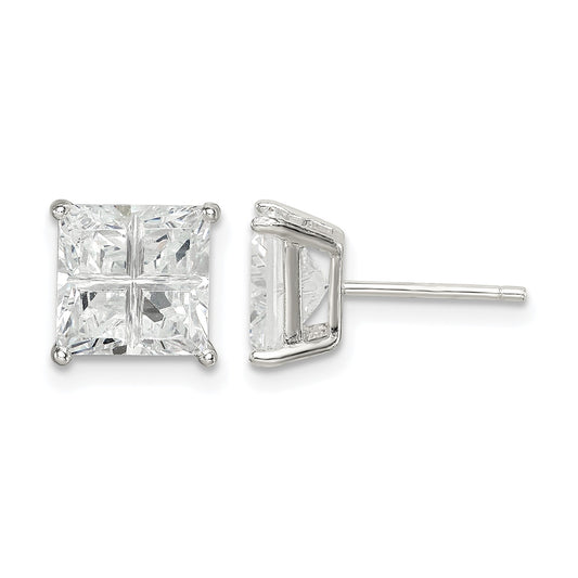 Sterling Silver 7mm Square Cross-cut CZ Basket Set Stud Earrings