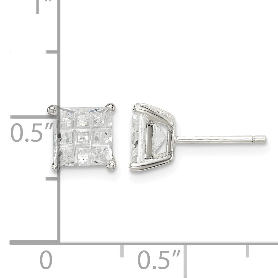 Sterling Silver 6mm Square Laser-cut CZ Basket Set Stud Earrings
