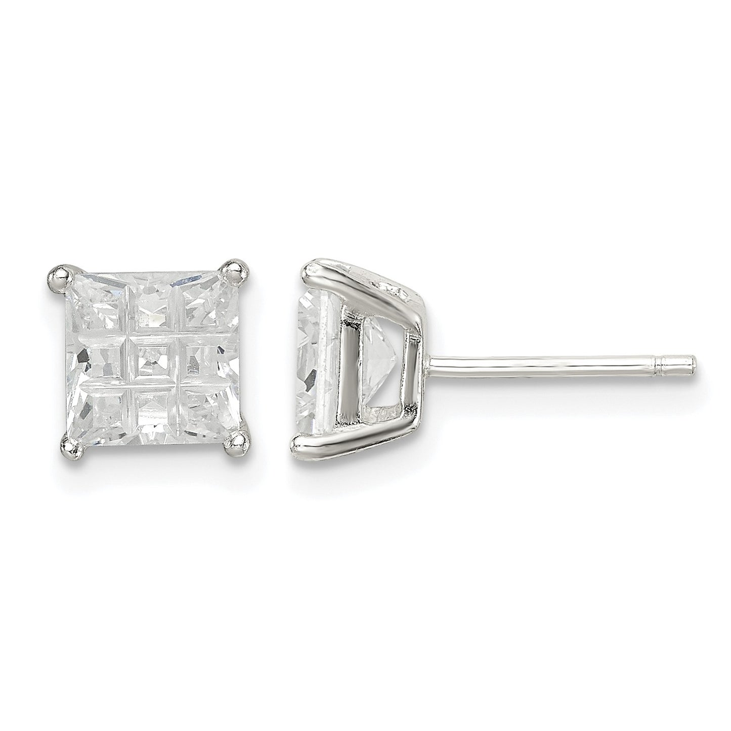 Sterling Silver 6mm Square Laser-cut CZ Basket Set Stud Earrings