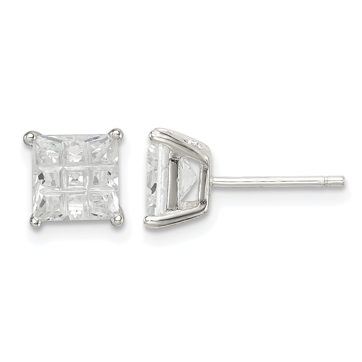 Sterling Silver 6mm Square Laser-cut CZ Basket Set Stud Earrings