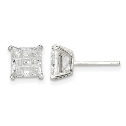 Sterling Silver 6mm Square Laser-cut CZ Basket Set Stud Earrings