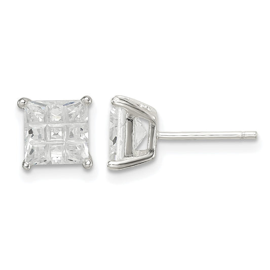 Sterling Silver 6mm Square Laser-cut CZ Basket Set Stud Earrings