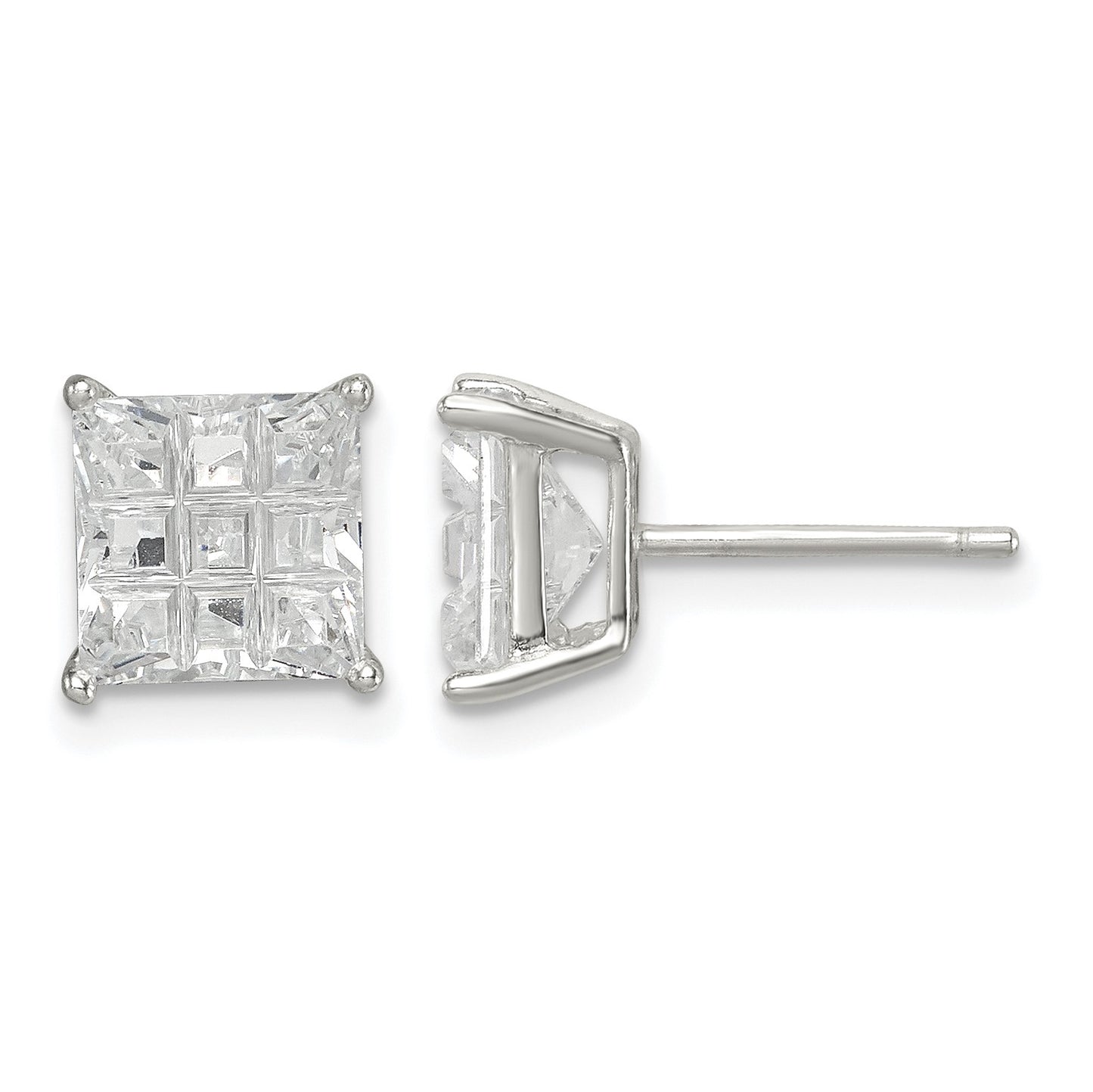 Sterling Silver 7mm Square Laser-cut CZ Basket Set Stud Earrings