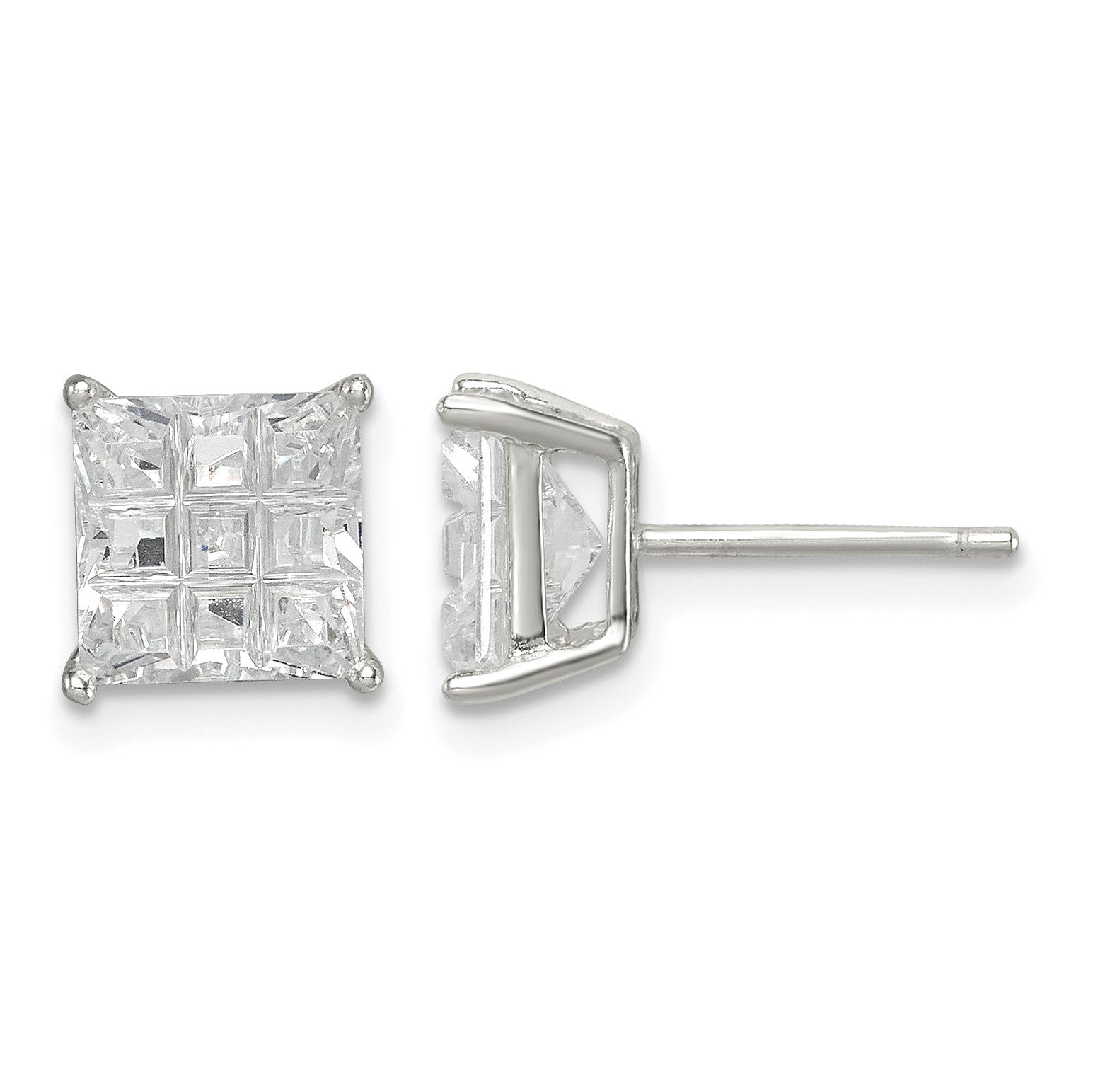 Sterling Silver 7mm Square Laser-cut CZ Basket Set Stud Earrings