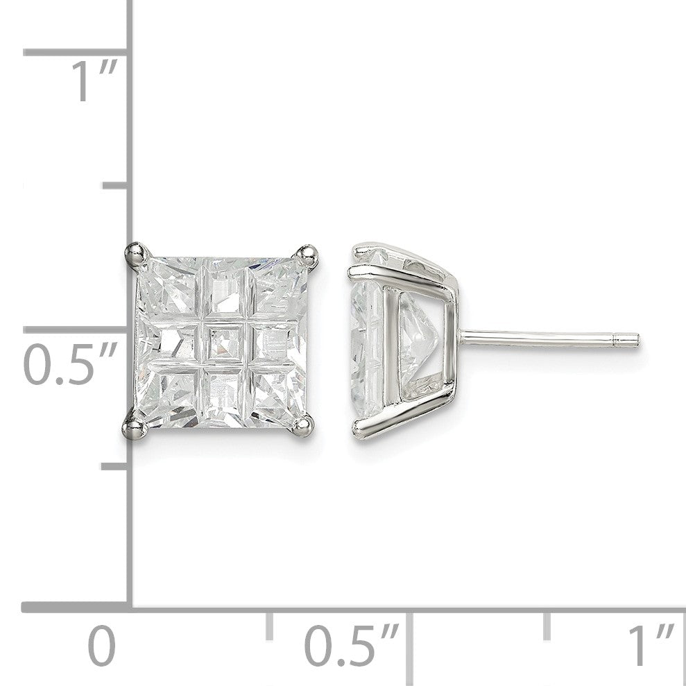 Sterling Silver 8mm Square Laser-cut CZ Basket Set Stud Earrings