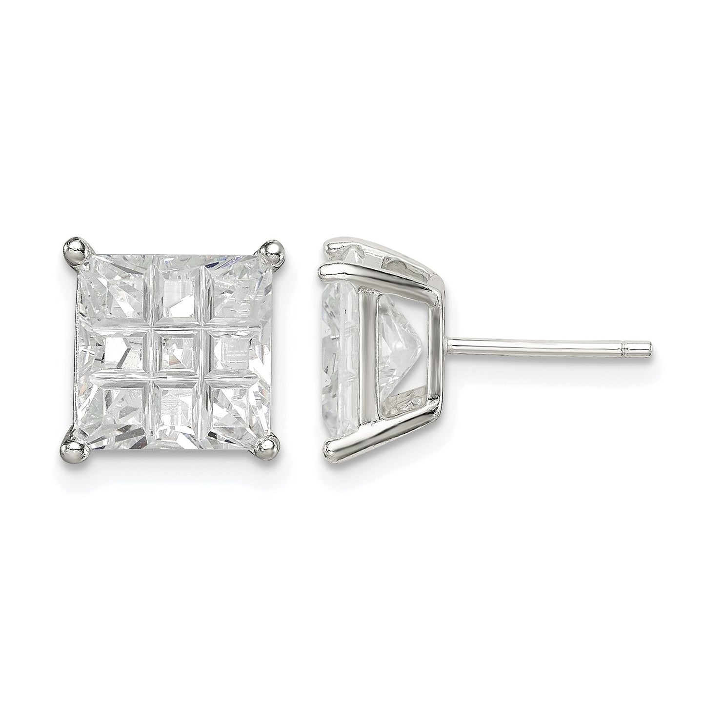Sterling Silver 8mm Square Laser-cut CZ Basket Set Stud Earrings