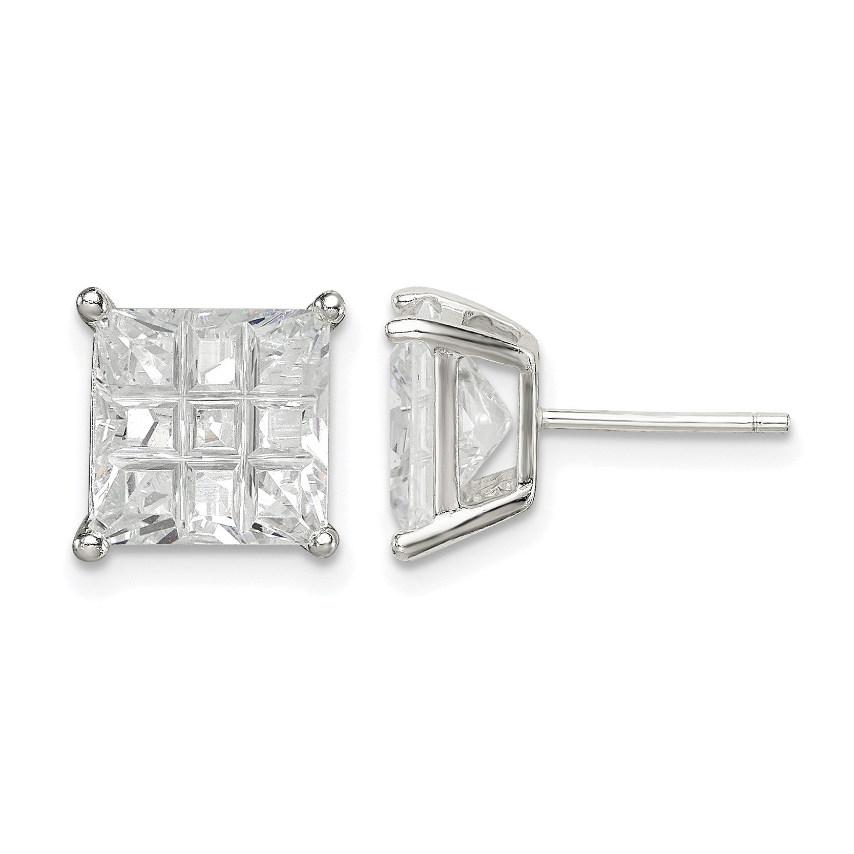 Sterling Silver 8mm Square Laser-cut CZ Basket Set Stud Earrings