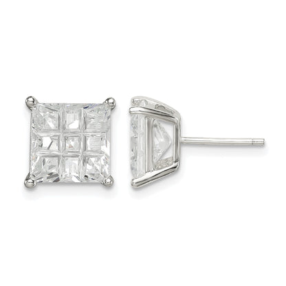 Sterling Silver 8mm Square Laser-cut CZ Basket Set Stud Earrings