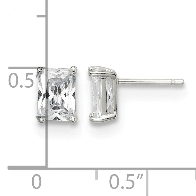 Sterling Silver Polished Emerald-cut 7x5mm Basket Set CZ Stud Earrings