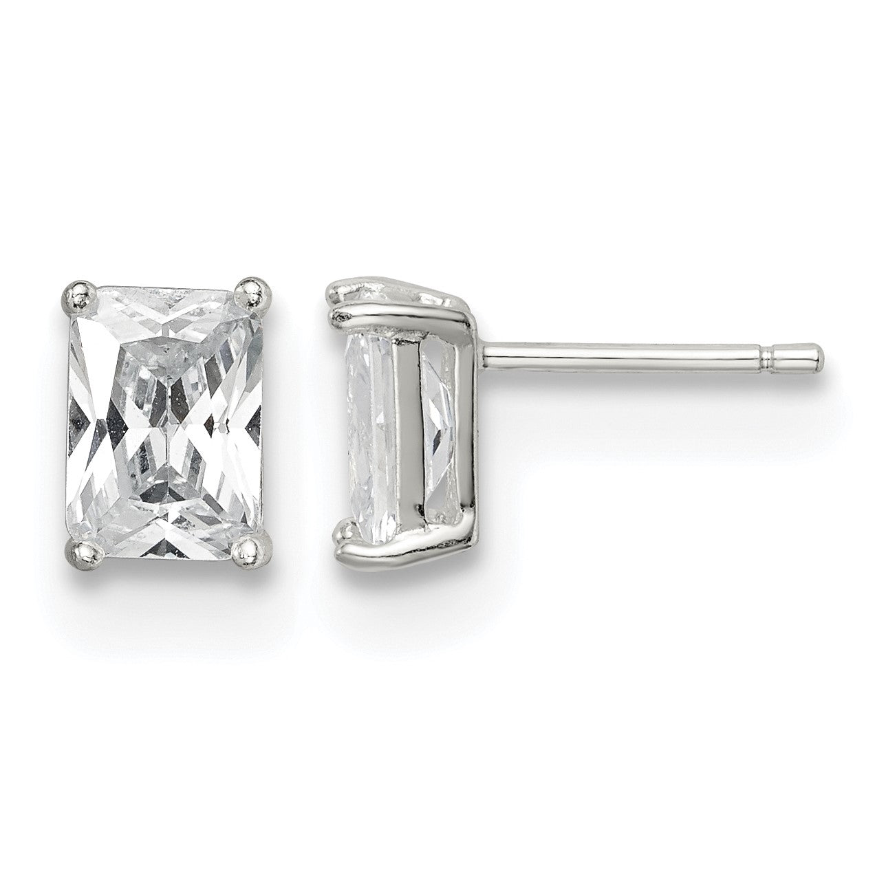 Sterling Silver Polished Emerald-cut 7x5mm Basket Set CZ Stud Earrings