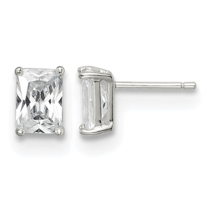 Sterling Silver Polished Emerald-cut 7x5mm Basket Set CZ Stud Earrings