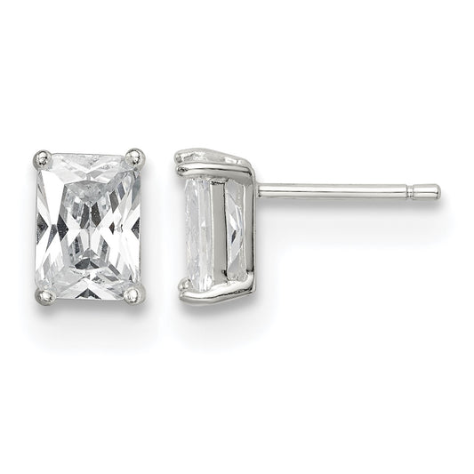 Sterling Silver Polished Emerald-cut 7x5mm Basket Set CZ Stud Earrings