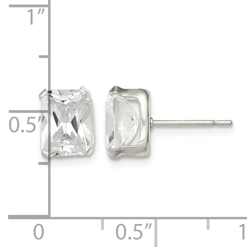 Sterling Silver Polished Emerald-cut 8x6mm Basket Set CZ Stud Earrings