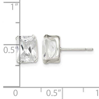 Sterling Silver Polished Emerald-cut 8x6mm Basket Set CZ Stud Earrings