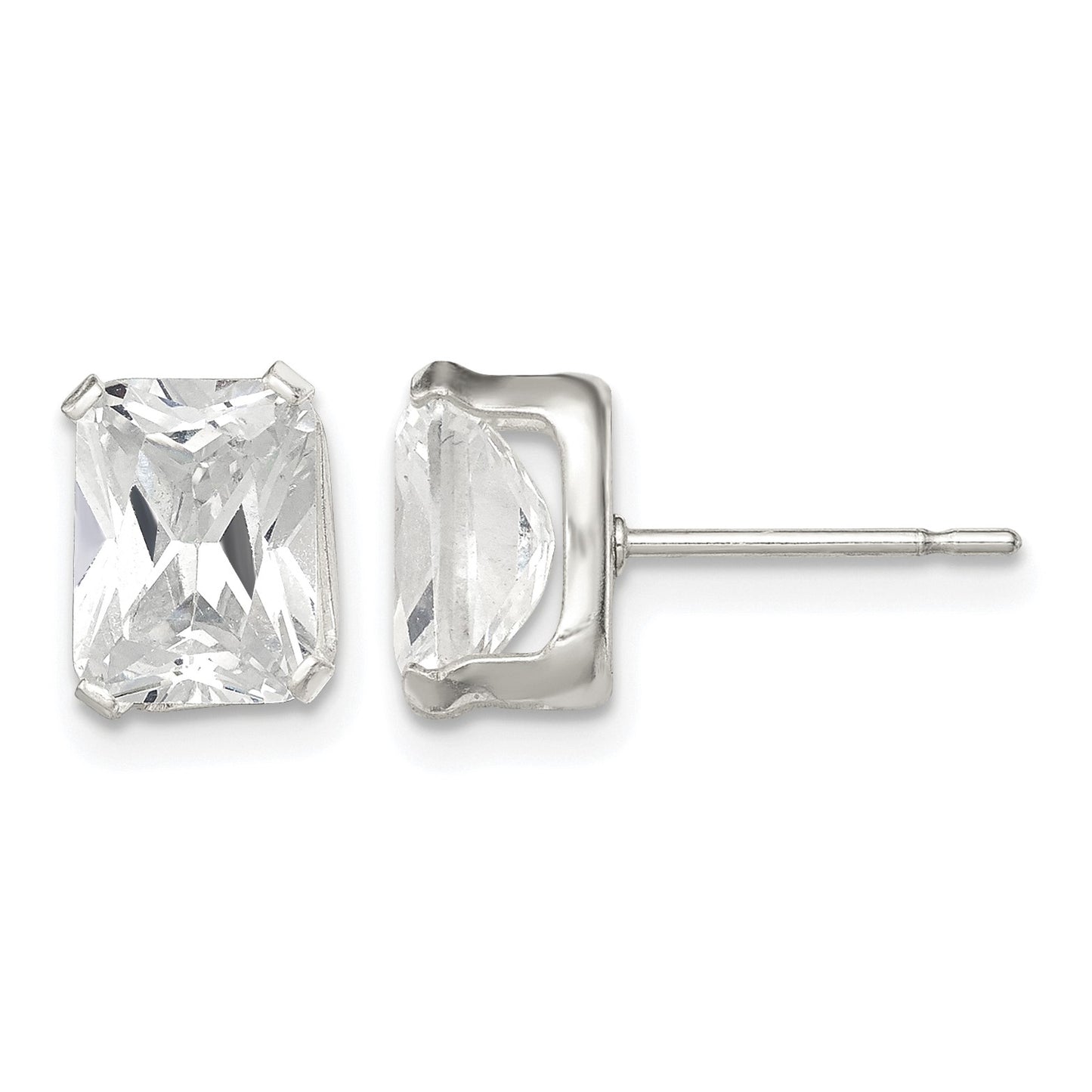 Sterling Silver Polished Emerald-cut 8x6mm Basket Set CZ Stud Earrings
