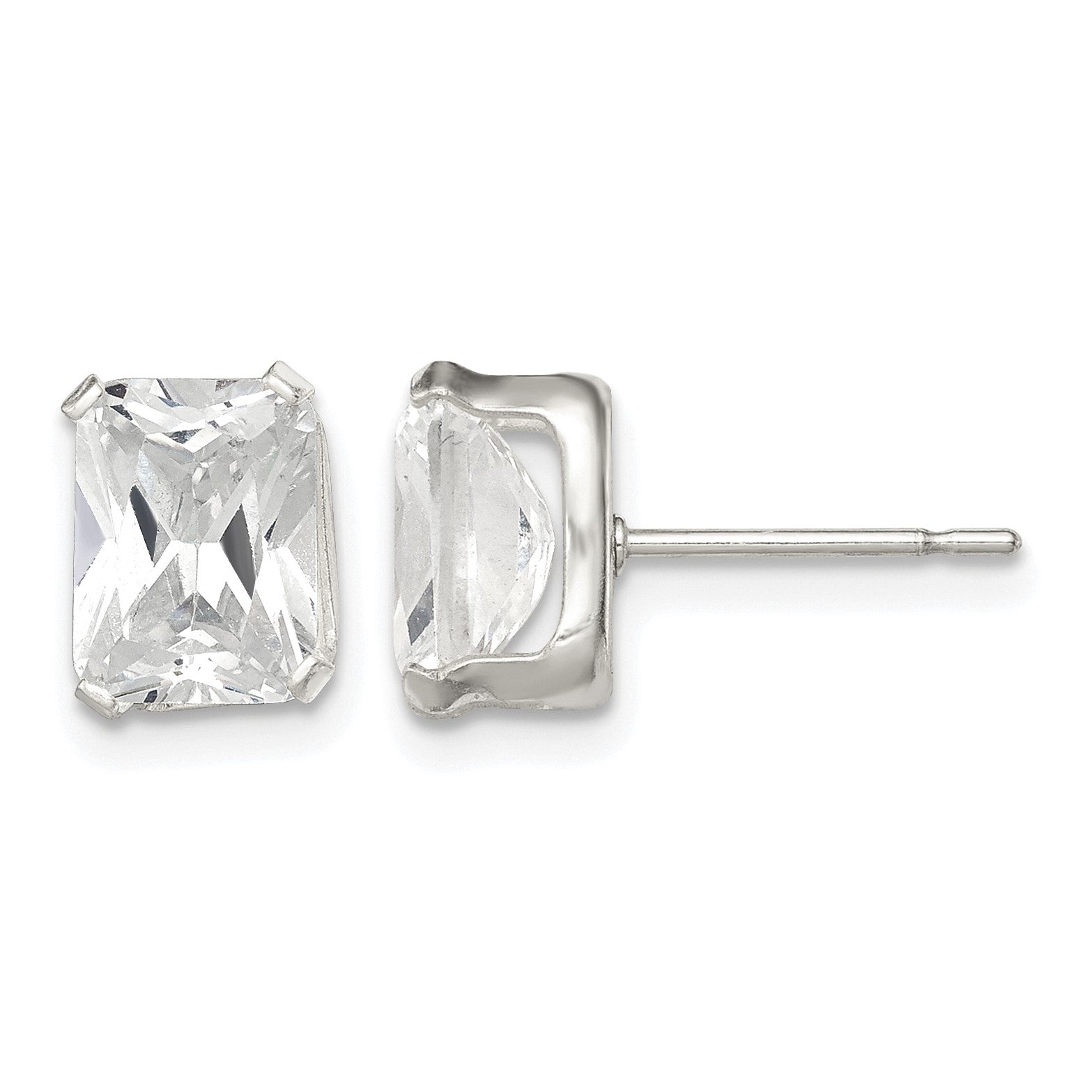 Sterling Silver Polished Emerald-cut 8x6mm Basket Set CZ Stud Earrings