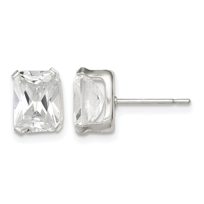 Sterling Silver Polished Emerald-cut 8x6mm Basket Set CZ Stud Earrings