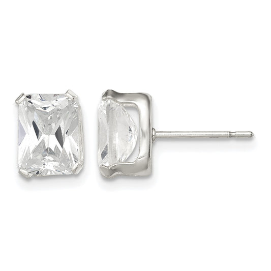 Sterling Silver Polished Emerald-cut 8x6mm Basket Set CZ Stud Earrings