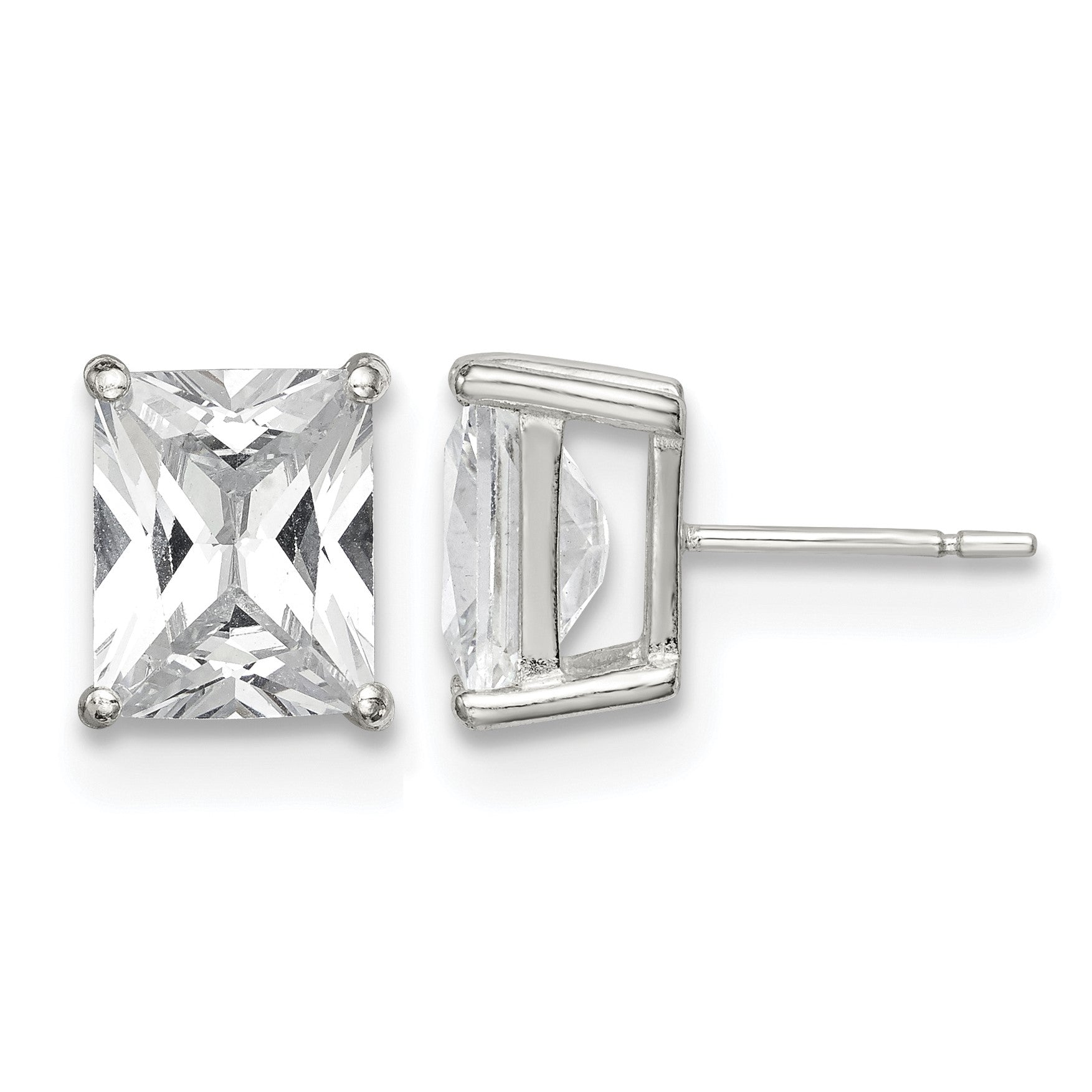 Sterling Silver Polished Emerald-cut 10x8mm Basket Set CZ Stud Earrings